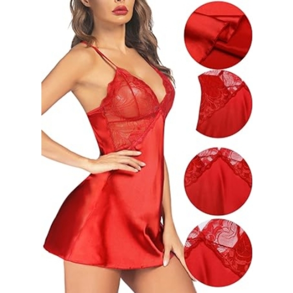 Avidlov Lingerie Nightwear Satin Lace Chemise Mini Teddy Scarlet Red Nighty - Picture 6 of 8